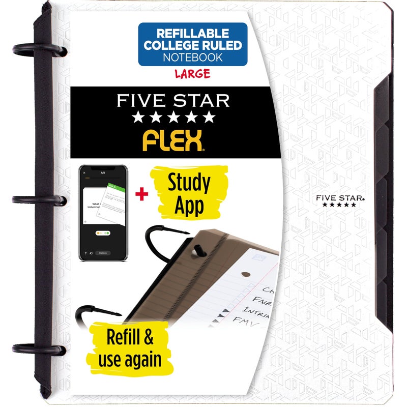 Five Star Flex Refillable Notebook + Study App, College Ruled Paper and 1 Inch TechLock Ring Binder with Pockets, Tabs and Dividers, 200 Sheet Capacity, White (29328AE2) - Image 1